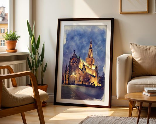 Glasgow Cathedral Watercolor Print, St Mungo's Gothic Scotland Art, Framed Architectural Decor