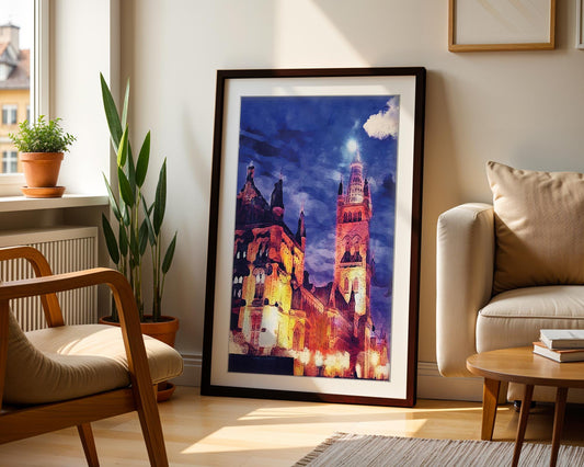 University of Glasgow Night Watercolour Print – Illuminated Gilmorehill Tower Wall Art