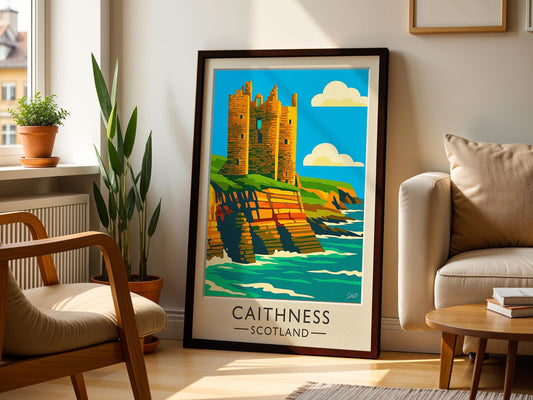 Caithness Vintage Travel Poster - Castle Sinclair Girnigoe Ruins - Retro Scotland Art - Wood Frames