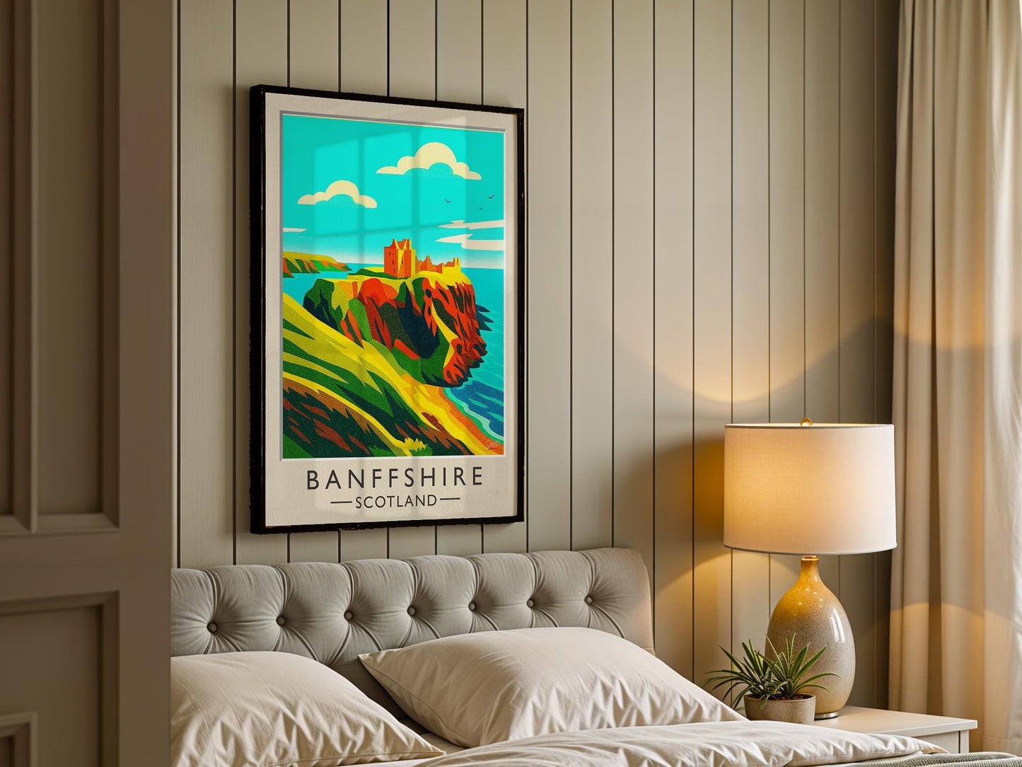 Banffshire Scotland Travel Poster – Findlater Castle Cliffside Ruins, Mid-Century Art