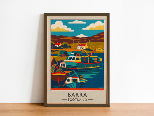 Isle of Barra Vintage Travel Poster – Outer Hebrides Fishing Harbor Art