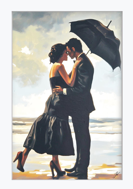 Framed Beach Couple Print | Morning Stroll Umbrella Art | Romantic Seaside Decor | Cinematic Vintage Poster | Jacque Series Wall Art