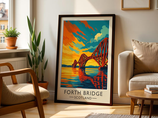 Forth Bridge Scotland Vintage Travel Poster – Mid-Century Graphic Art Print