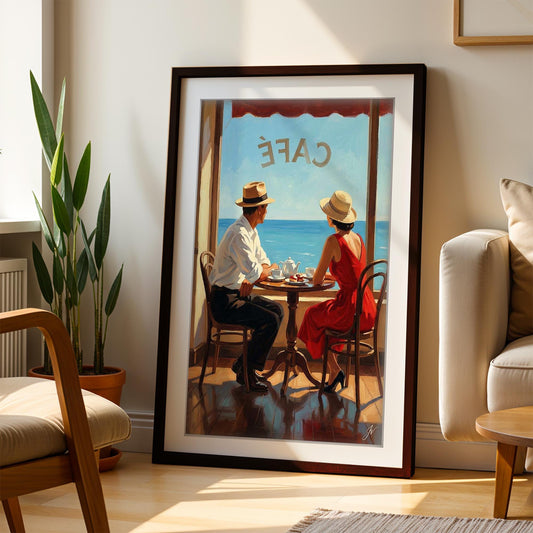 Jacque Tea for Two Vintage Seaside Café Print, Mid Century Modern Wall Art, Retro Coastal Couple, Framed Giclee Art, Summer Decor