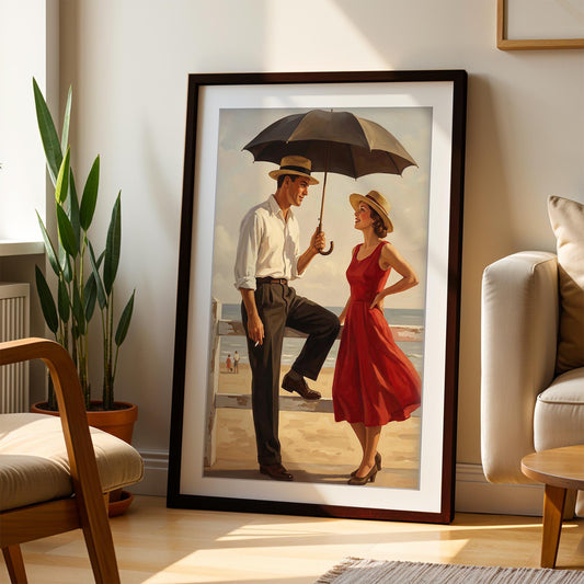 Jacque The Coastal Charmer Vintage Beach Print, Mid Century Modern Wall Art, Retro Romantic Couple Illustration, Framed Giclee, Summer Decor