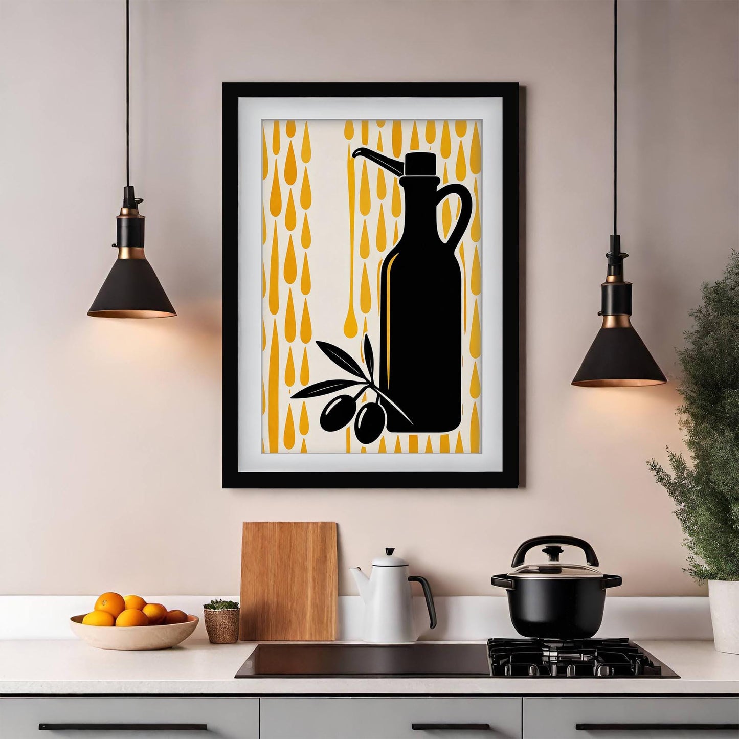 Olive Oil Art Print, Retro Italian Kitchen Poster, Striped Still Life Wall Art, Mediterranean Dining Decor, Framed Giclee Kitchen Print