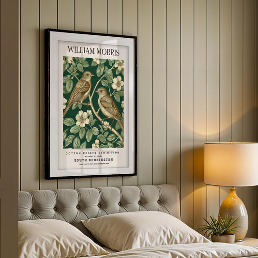 William Morris Bird Art Print, Dark Green Forest Wall Art, History of British Design Poster, Sparrow Museum Print, South Kensington Decor