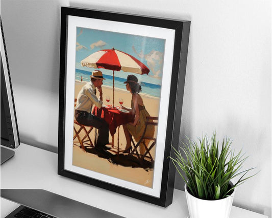 Beach Cafe Wall Art | Romantic Couple Art Print | Coastal Dining Room Decor | Jacque Drinks at the Beach | Vintage Seaside Framed