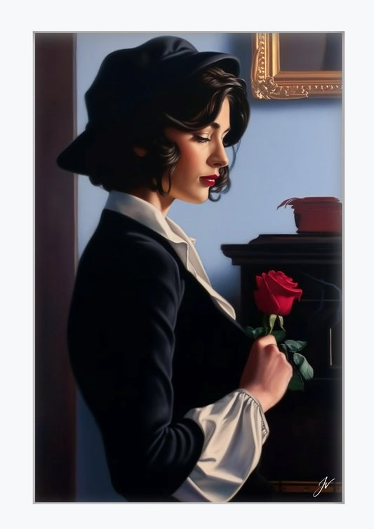 Framed Vintage Portrait | Jacque – Rose Elegant Woman Art Print | Romantic Red Rose Decor | Cinematic Moody Wall Art | Framed Poster