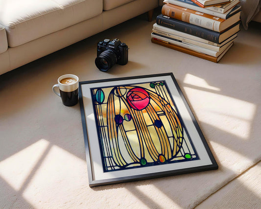 Framed Art Nouveau Rose | Montrose Rose Stained Glass Print | Floral Wall Decor | Jacque Art Print | Romantic Pink Rose Poster