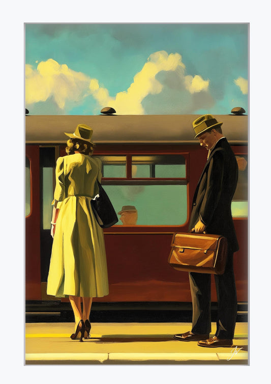 Framed Train Platform Art | Morning Commute Vintage Print | Railway Station Decor | Retro Travel Poster | Mid Century Wall Art | Hallway Art