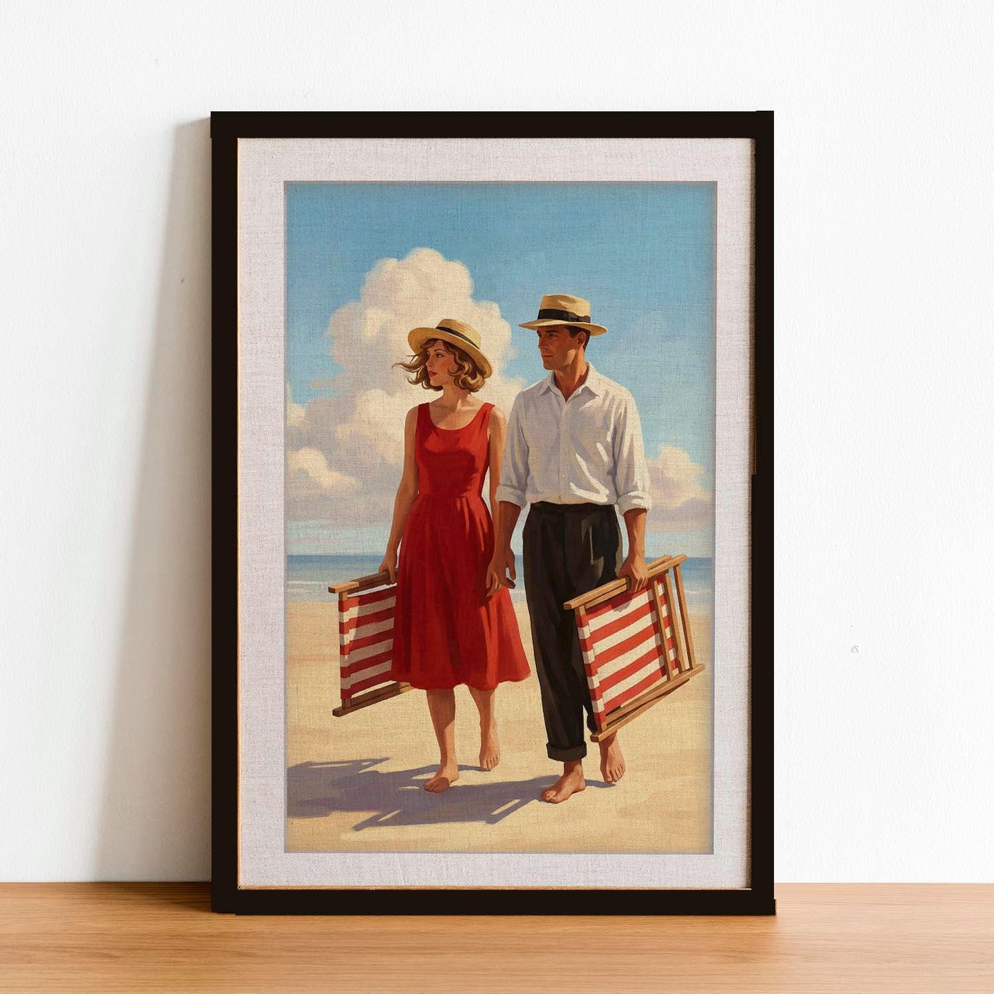 Jacque Finding the Perfect Spot Beach Print, Mid Century Modern Wall Art, Retro Coastal Couple Illustration, Framed Giclee Art, Summer Decor