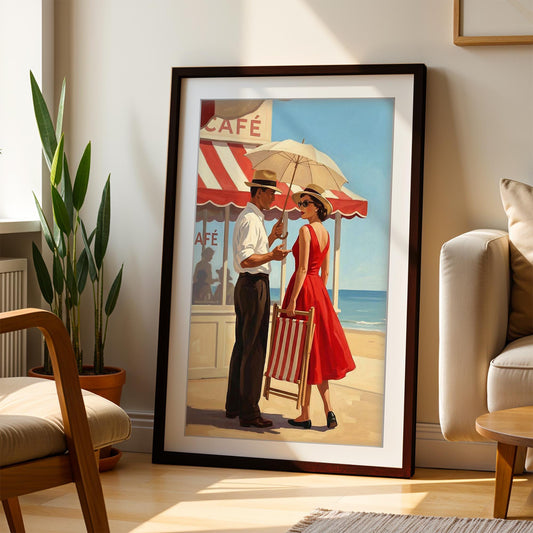Jacque Noon Rendezvous Vintage Beach Café Print, Mid Century Modern Wall Art, Retro Coastal Couple Illustration, Framed, Summer Decor