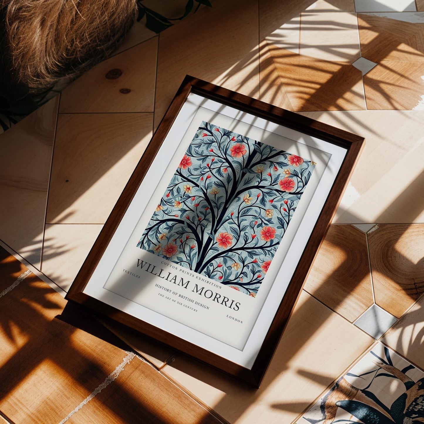 William Morris Framed Wall Art, Navy Tree of Life Floral Cotton Print Exhibition Poster, Arts and Crafts Botanical Decor, British Design