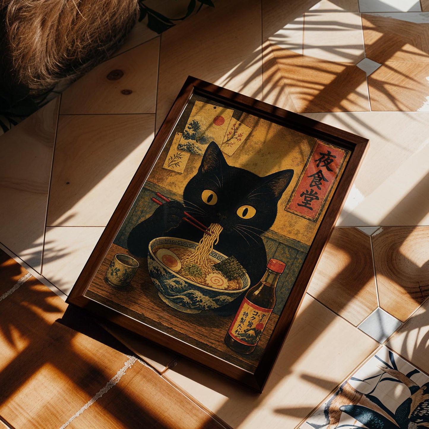 Noodle Cat Thief Anime Print, Japanese Poster, Wall Art Decor, Cat and Ramen Illustration, Cute Food Theme, Gift