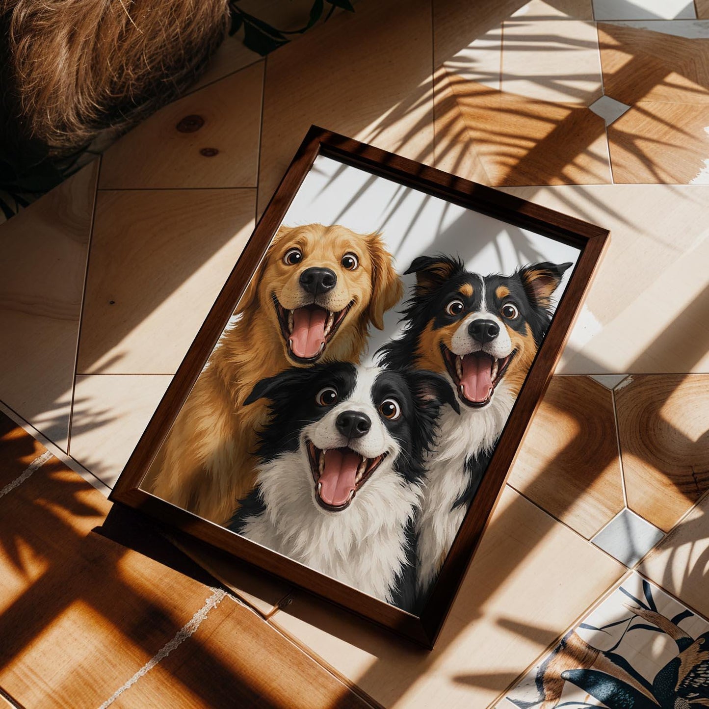 Excited Dog Trio Art Print – Framed Funny Dog Wall Decor – Whimsical Modern Pet Poster