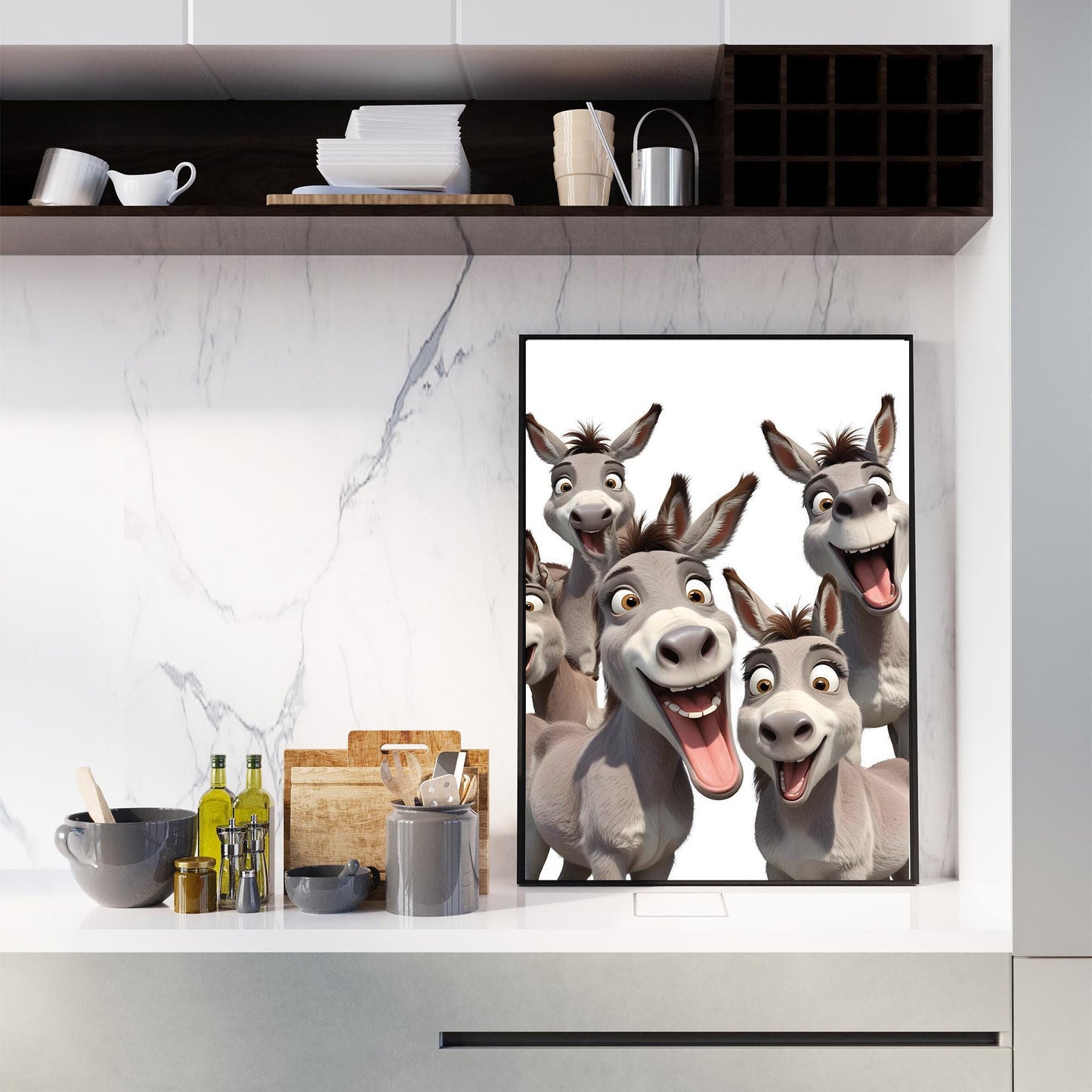 Excited Donkey Trio Art Print – Framed Funny Donkey Wall Decor – Cheeky Home Decor - Bathroom Wall Art