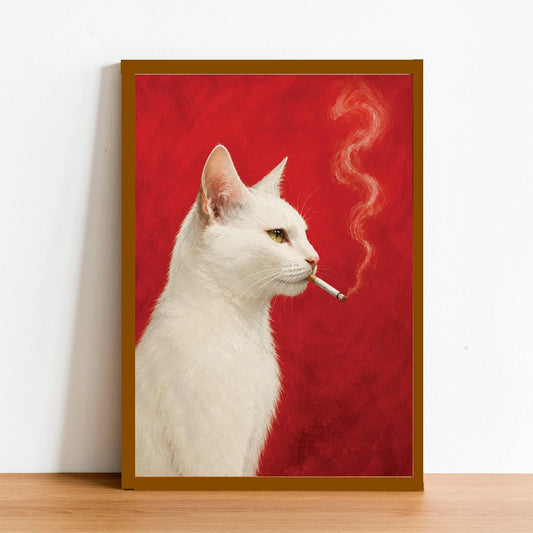 White Cat Smoking a Cigarette Vintage Poster Art Retro Whimsical Print Funny Animal Wall Decor Poster for Bar Cart Quirky Kitchen Wall Art
