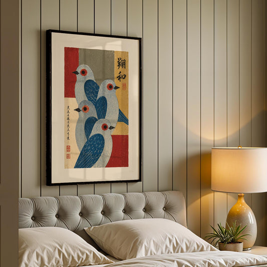 Mid-Century Japanese Bird Art Print, Retro Blue Bird Poster, Minimalist Animal Illustration, Vintage Wall Decor, Modern Graphic Artwork