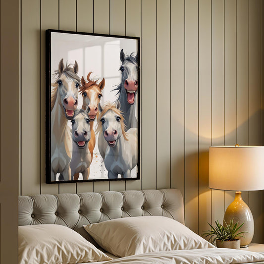Funny Horse Wall Art – Framed Happy Herd Print – Whimsical Farmhouse Decor – Unique Equestrian Gift