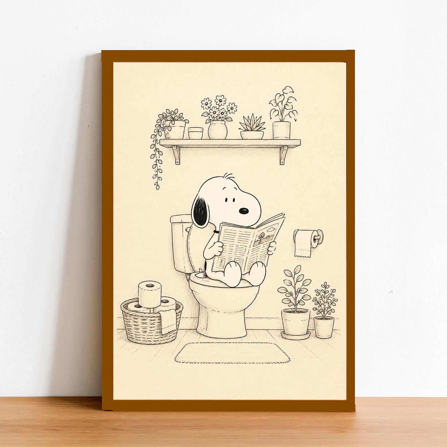Funny Bathroom Wall Art – Dog on Toilet Print – Retro Cartoon Dog Poster – Guest Bath Decor – Black & White Humorous Restroom Art