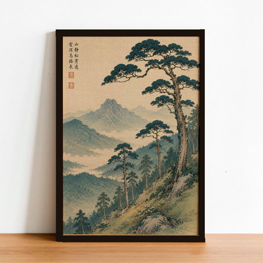 Vintage Japanese Forest Wall Art – Traditional Mountain Landscape Print – Zen Nature Poster – Framed Forest Scenery – Antique Oriental Art