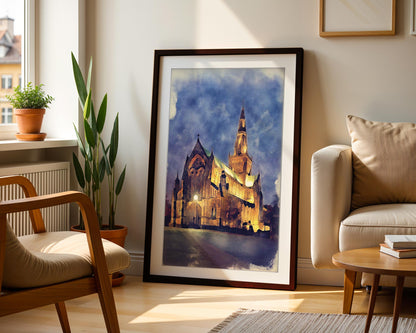 Glasgow Cathedral Watercolor Print, St Mungo's Gothic Scotland Art, Framed Architectural Decor