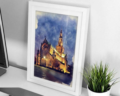 Glasgow Cathedral Watercolor Print, St Mungo's Gothic Scotland Art, Framed Architectural Decor