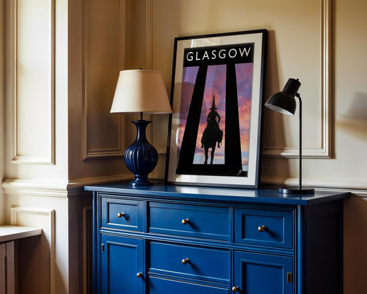 Glasgow Duke Wellington Statue Print, Colorful Sunset Cityscape, Scotland Home Decor