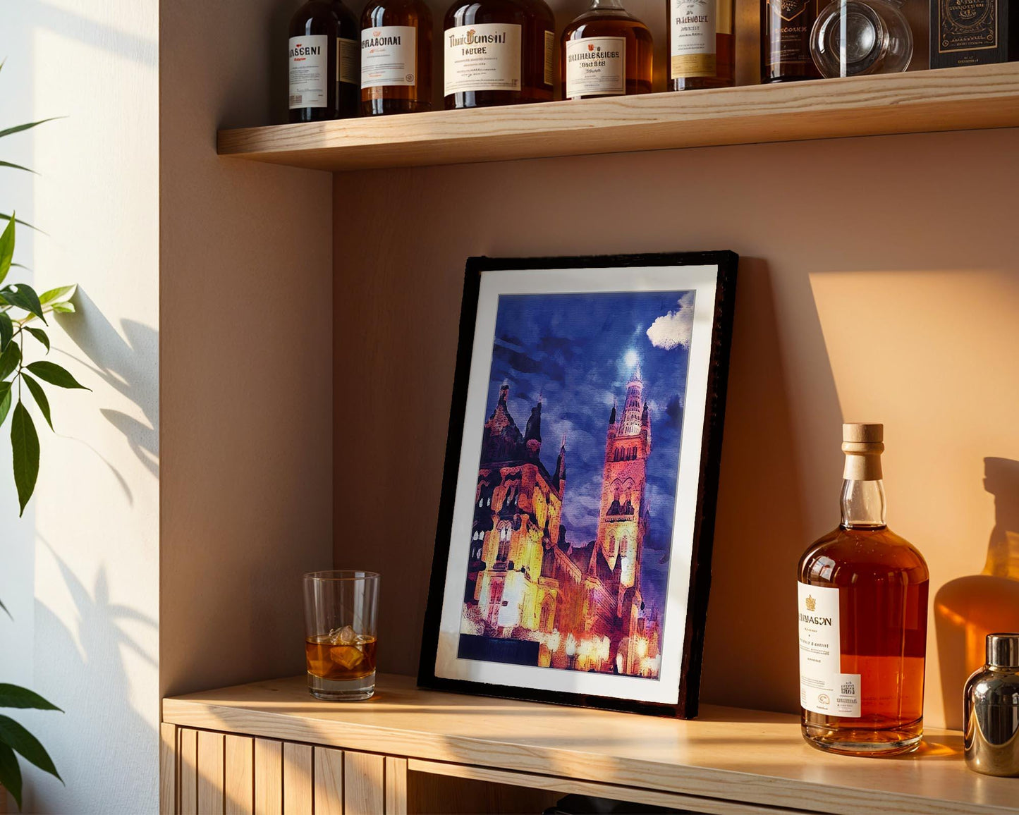 University of Glasgow Night Watercolour Print – Illuminated Gilmorehill Tower Wall Art