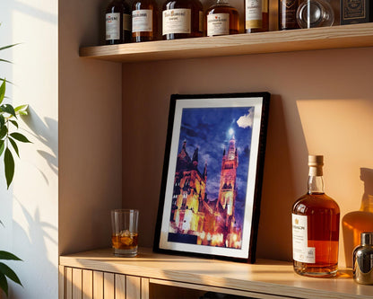 University of Glasgow Night Watercolour Print – Illuminated Gilmorehill Tower Wall Art
