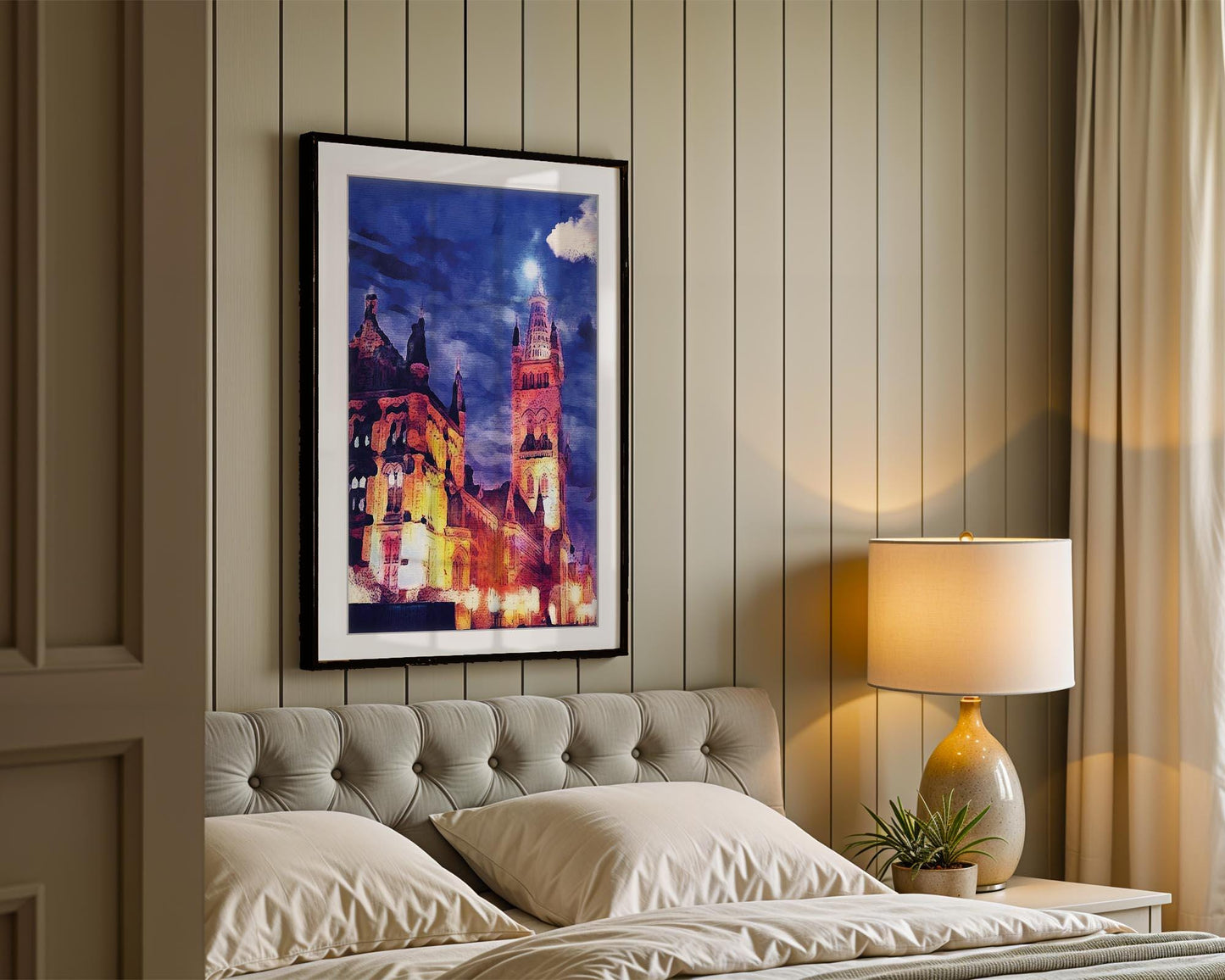 University of Glasgow Night Watercolour Print – Illuminated Gilmorehill Tower Wall Art