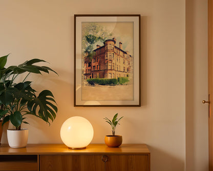 Glasgow Tenement Watercolor Print, Red Sandstone Architecture, Scottish Home Decor