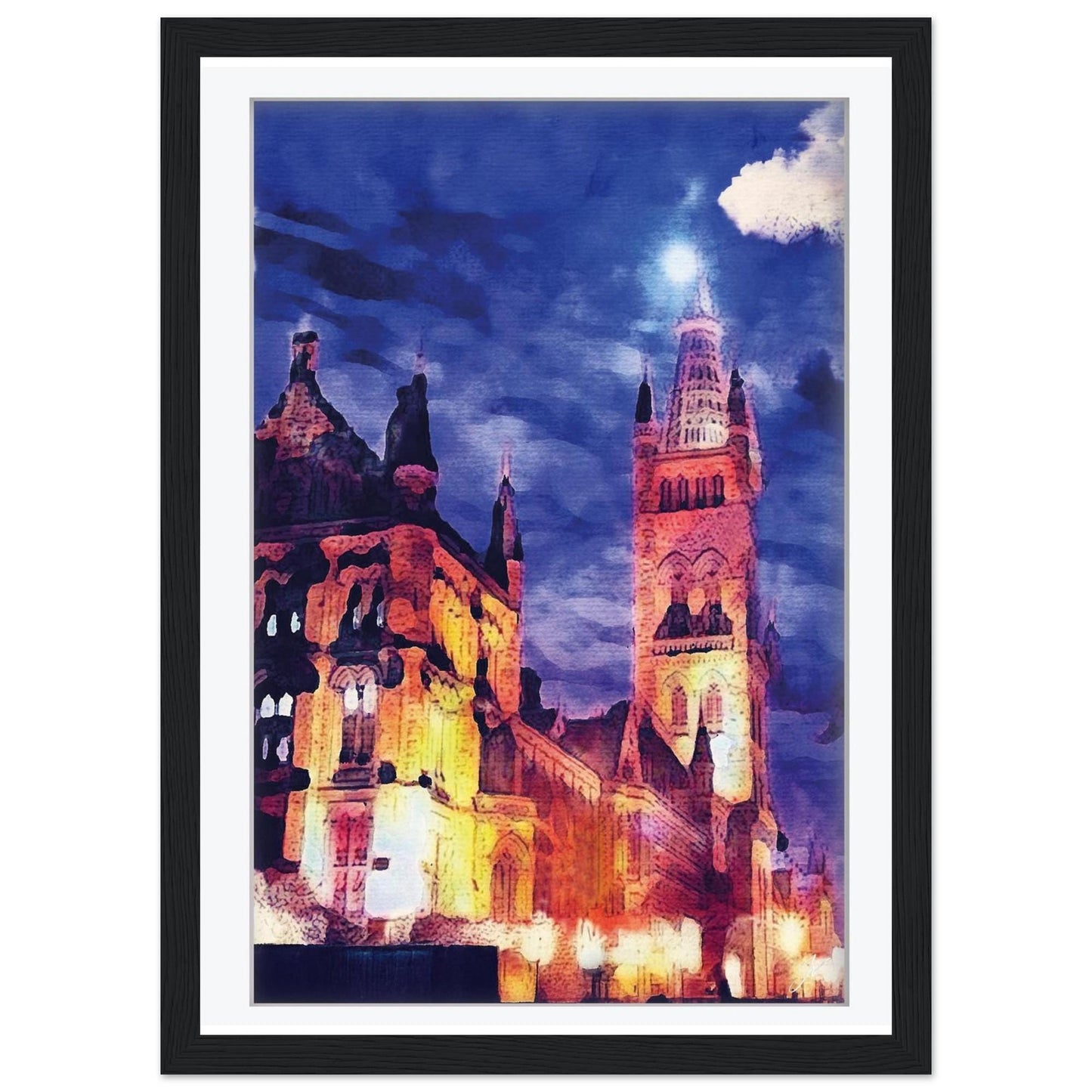 University of Glasgow Night Watercolour Print – Illuminated Gilmorehill Tower Wall Art