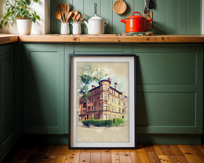 Glasgow Tenement Watercolor Print, Red Sandstone Architecture, Scottish Home Decor