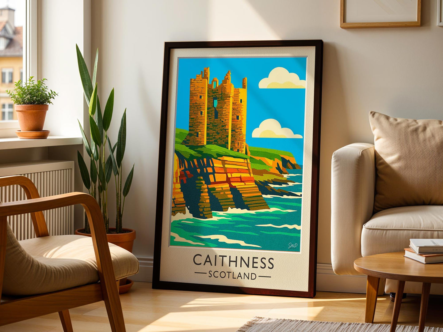 Caithness Vintage Travel Poster - Castle Sinclair Girnigoe Ruins - Retro Scotland Art - Wood Frames