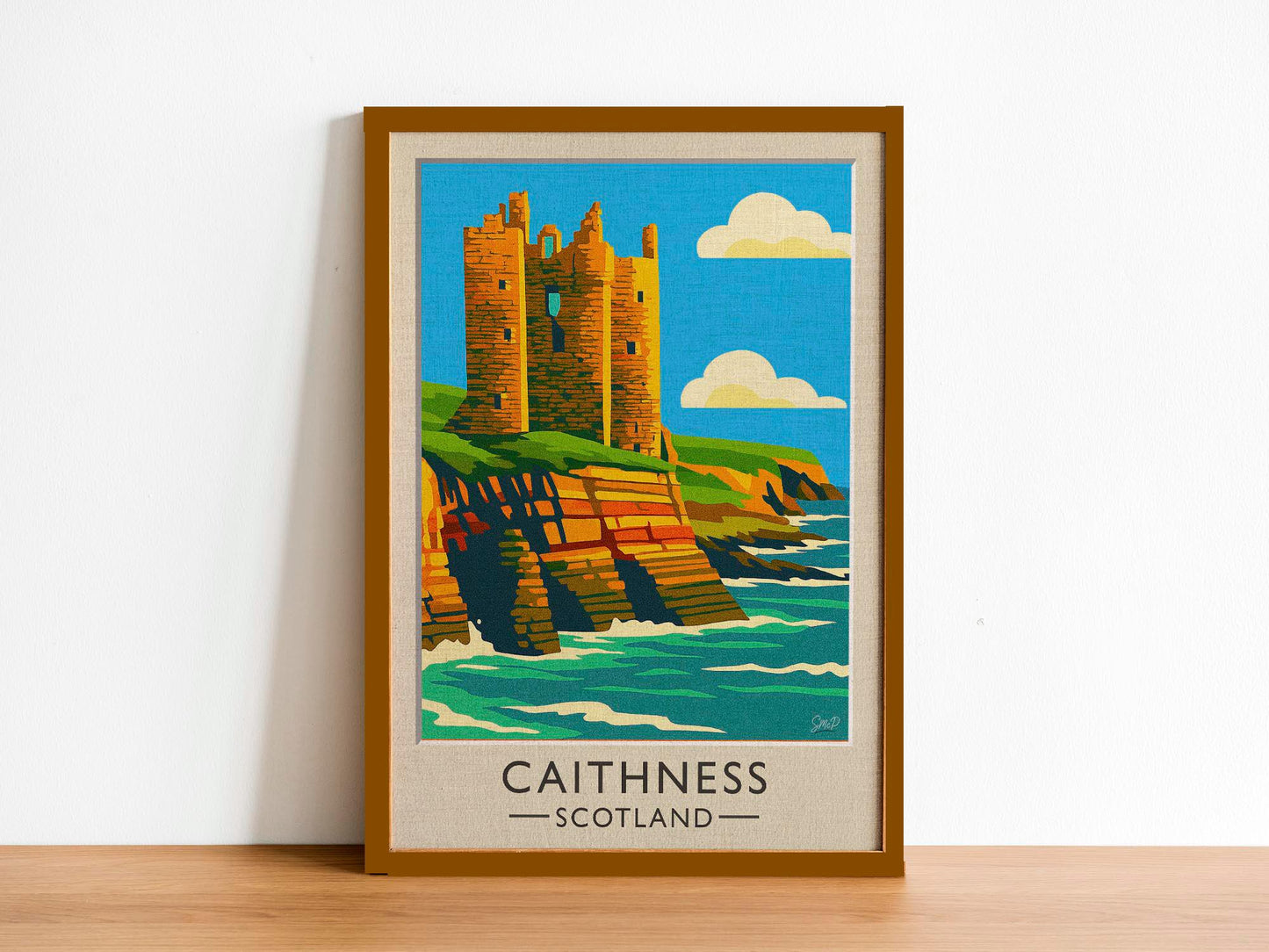 Caithness Vintage Travel Poster - Castle Sinclair Girnigoe Ruins - Retro Scotland Art - Wood Frames