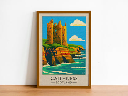 Caithness Vintage Travel Poster - Castle Sinclair Girnigoe Ruins - Retro Scotland Art - Wood Frames