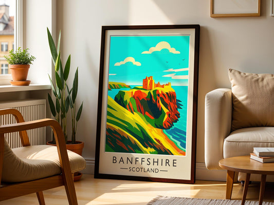 Banffshire Scotland Travel Poster – Findlater Castle Cliffside Ruins, Mid-Century Art