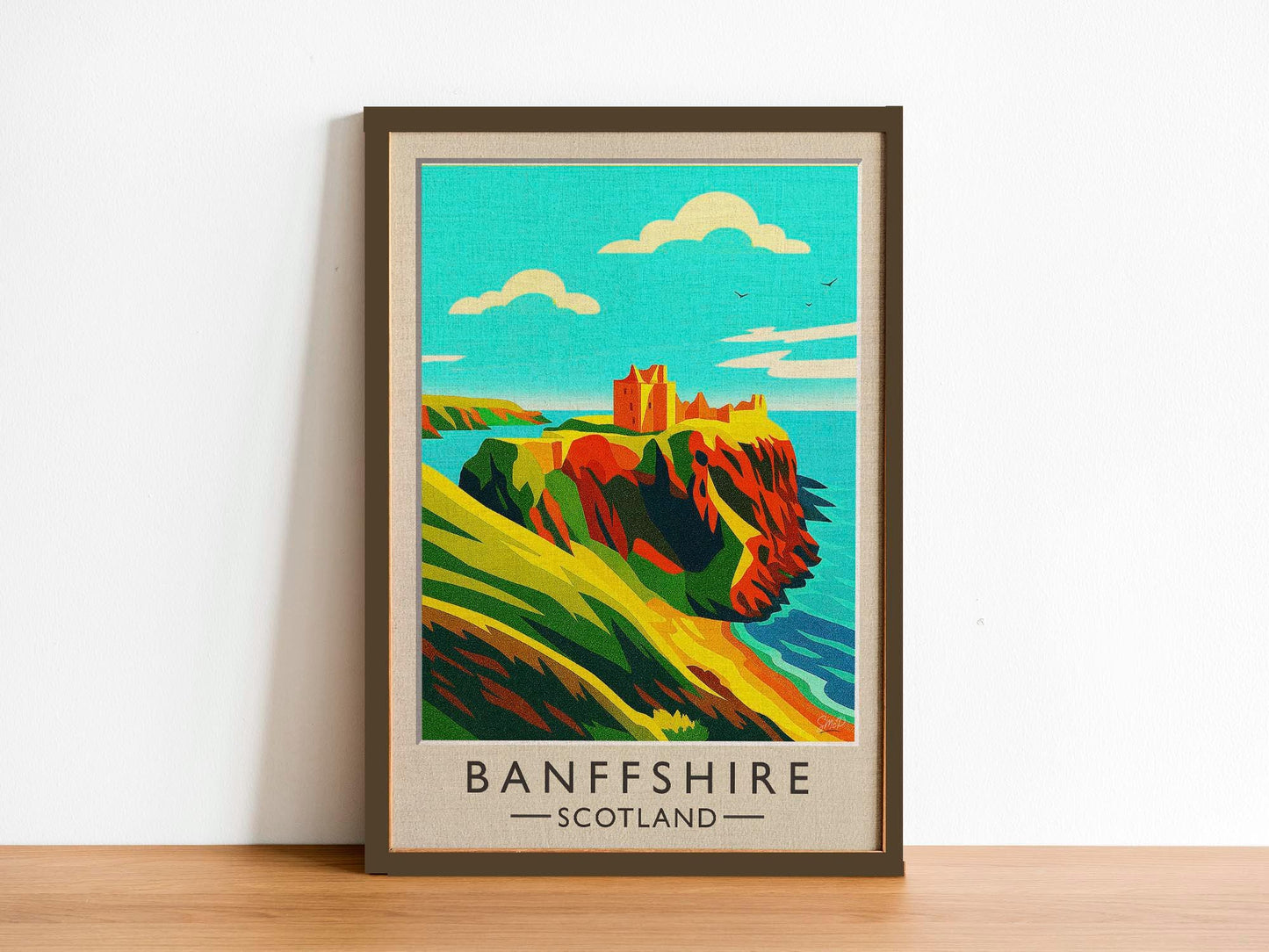 Banffshire Scotland Travel Poster – Findlater Castle Cliffside Ruins, Mid-Century Art