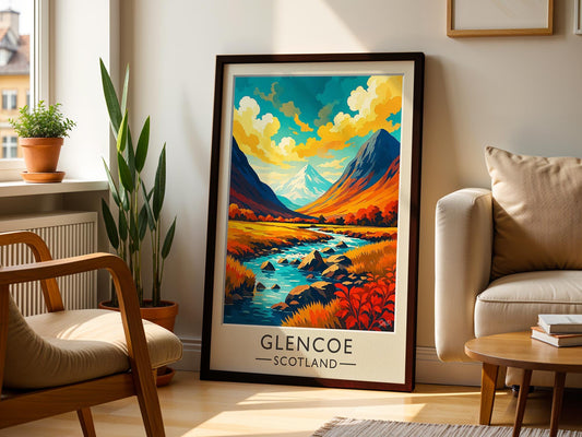 Glencoe Scotland Vintage Travel Poster - Dramatic Highland Peaks & River - Retro Wall Art -  Wood Frames