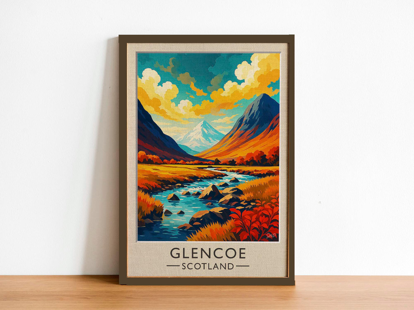 Glencoe Scotland Vintage Travel Poster - Dramatic Highland Peaks & River - Retro Wall Art -  Wood Frames
