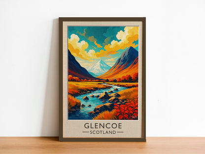 Glencoe Scotland Vintage Travel Poster - Dramatic Highland Peaks & River - Retro Wall Art -  Wood Frames