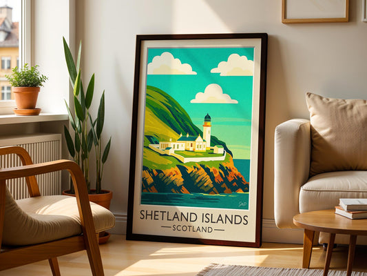 Shetland Islands Lighthouse Print – Sumburgh Head Retro Scotland Wall Art