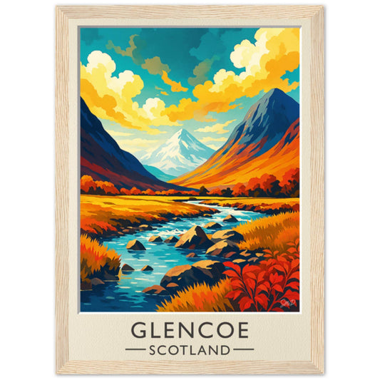 Glencoe Scotland Vintage Travel Poster - Dramatic Highland Peaks & River - Retro Wall Art -  Wood Frames