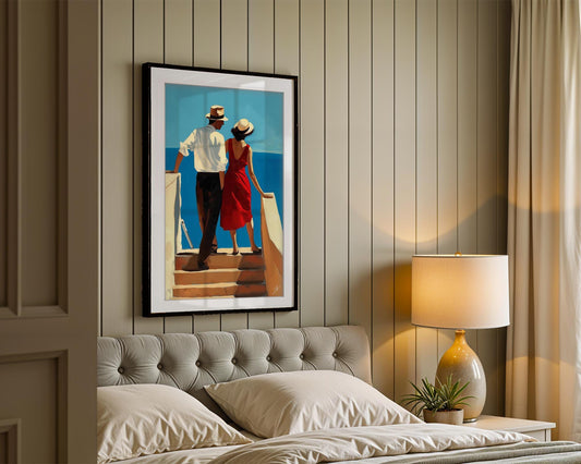 Coastal Wall Art Romantic Couple Print, Mediterranean Ocean View Poster, Red Dress Vintage Style Decor, Jacque - Ocean Blue Art Framed