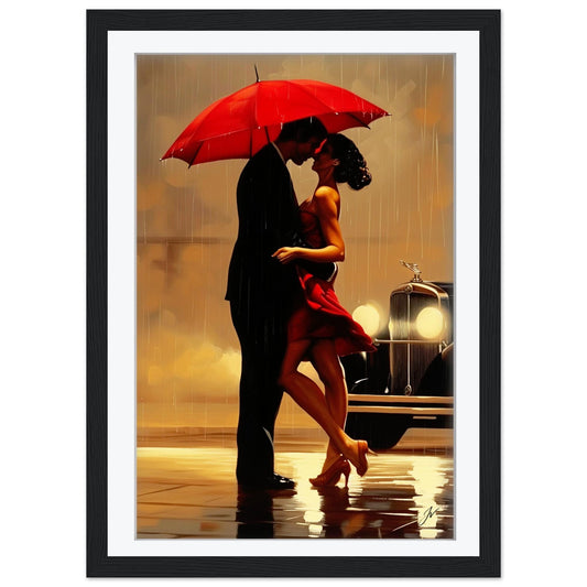 Framed Romantic Wall Art | When Will I See You Again Art Print | Red Umbrella Couple Kissing | Vintage Car Decor | Cinematic Rain Poster
