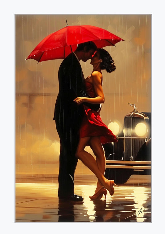 Framed Romantic Wall Art | When Will I See You Again Art Print | Red Umbrella Couple Kissing | Vintage Car Decor | Cinematic Rain Poster