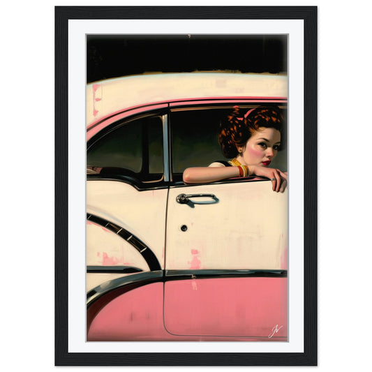 Framed Pink Cadillac Art | Jacque Coastal Wall Art | Vintage Car Print | Retro Seaside Decor | Retro Travel Poster