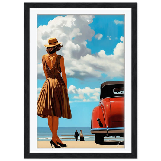 Framed Coastal Wall Art | Red Days Vintage Car Print | Beach Drive Decor | Retro Travel Poster | Ocean Sky A4 A3 Print